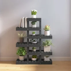 Plantestativ i massivt fyrretræ - Plantestativer til indendørs og udendørs brug | Størrelse: 85x25x109,5 cm | Farve: Grå