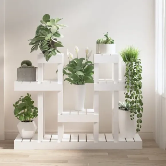 Plantestativ i massivt fyrretræ - Hylder til blomster og planter | Størrelse: 104,5x25x77,5 cm | Farve: Hvid