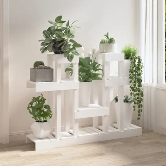 Plantestativ i massivt fyrretræ - Hylder til blomster og planter | Størrelse: 104,5x25x77,5 cm | Farve: Hvid
