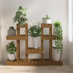 Plantestativ i massivt fyrretræ - Flere hylder til blomster | Størrelse: 104,5x25x77,5 cm | Farve: Gyldenbrun