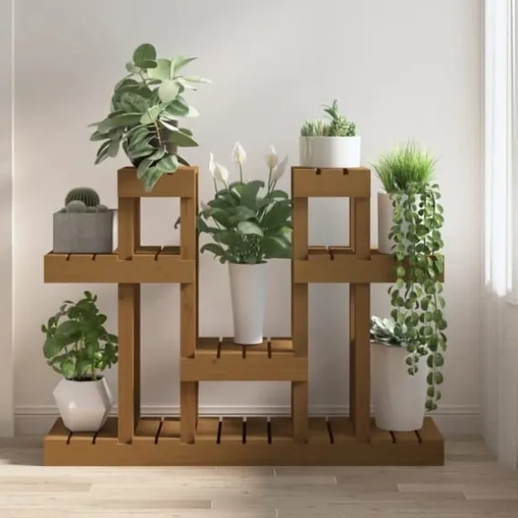 Plantestativ i massivt fyrretræ - Flere hylder til blomster | Størrelse: 104,5x25x77,5 cm | Farve: Gyldenbrun