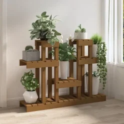 Plantestativ i massivt fyrretræ - Flere hylder til blomster | Størrelse: 104,5x25x77,5 cm | Farve: Gyldenbrun