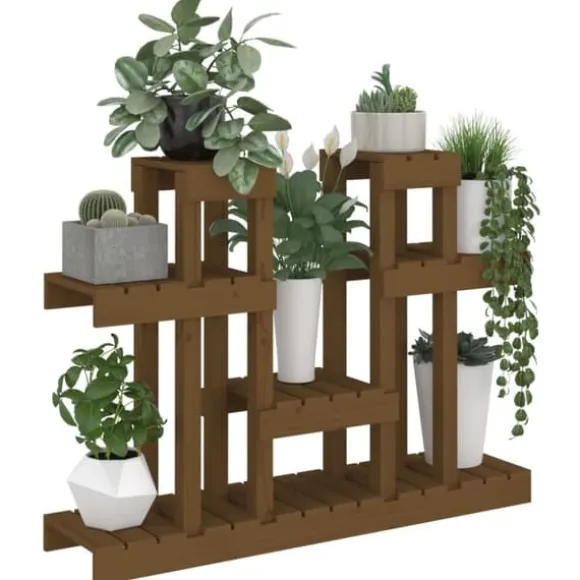 Plantestativ i massivt fyrretræ - Flere hylder til blomster | Størrelse: 104,5x25x77,5 cm | Farve: Gyldenbrun