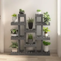 Plantestativ i massivt fyrretræ - Elegant plantehylde | Størrelse: 104,5x25x109,5 cm | Farve: Grå