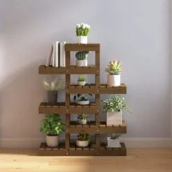 Plantestativ i massivt fyrretræ - Charmerende plantehylde | Størrelse: 85x25x109,5 cm | Farve: Gyldenbrun
