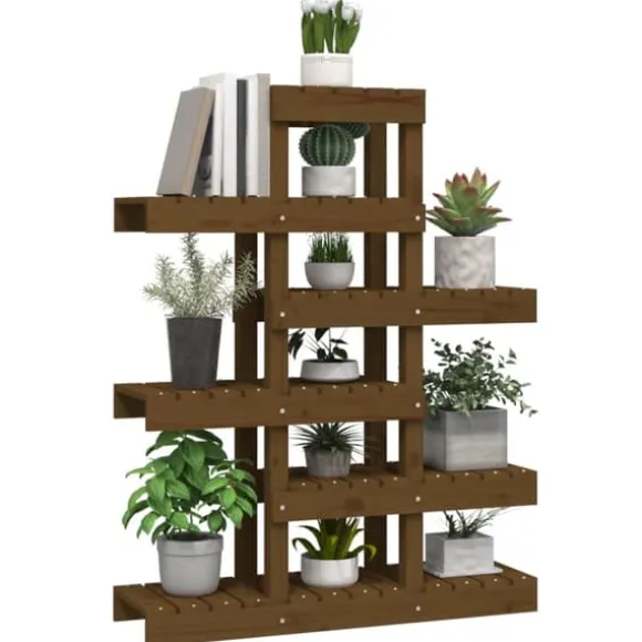 Plantestativ i massivt fyrretræ - Charmerende plantehylde | Størrelse: 85x25x109,5 cm | Farve: Gyldenbrun