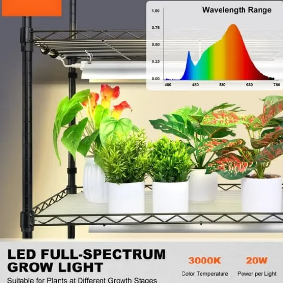Plantestativ med vækstlys 6 etager, 200W, 59,1'', indendørs plantehylde, optimal vækst, justerbar lysstyrke.