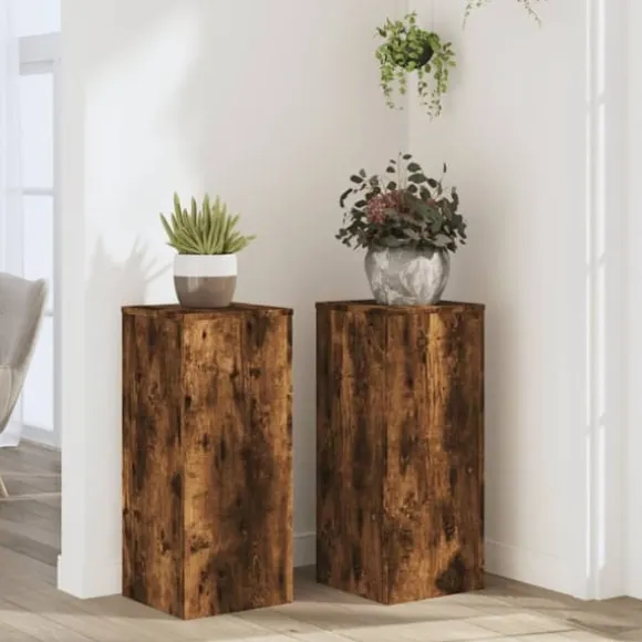 Plantestativer 2 stk. - Robust blomsterstativ i konstrueret træ | Størrelse: 30x30x70 cm | Farve: Røget eg