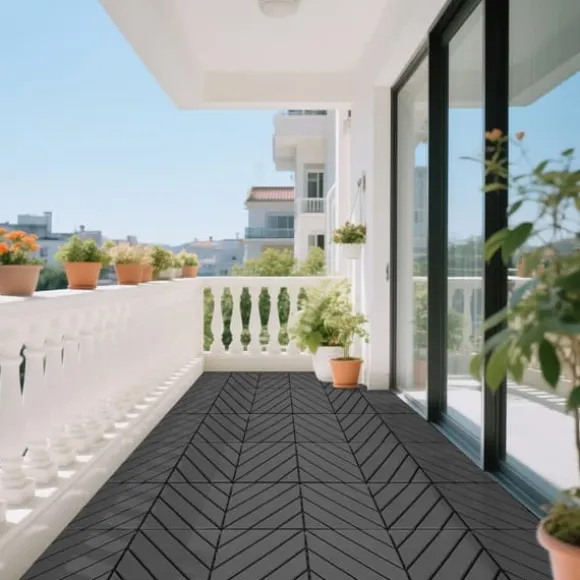 Plast dækfliser, 44 stk, 12"x12" firkantede vandafvisende udendørs fliser, til poolkant, balkon, have, indendørs og udendørs, mørkegrå
