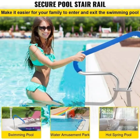 Pool Gelænder 39x32" i 304 Rustfrit Stål, kapacitet 250LBS. Sølvfarvet håndliste med blødt greb, inkl. M8 borebit og skruer.