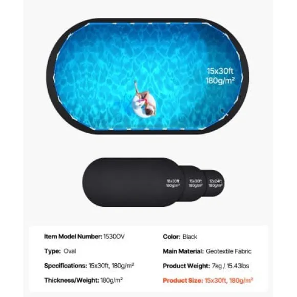 Pool Liner Underlag, Oval, 457x914 cm, Sort, Geotekstil Materiale