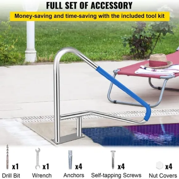 Poolræling 54x36" i 304 rustfrit stål, 250 lbs kapacitet. Sølvfarvet håndliste til pool med blåt greb og skruer.