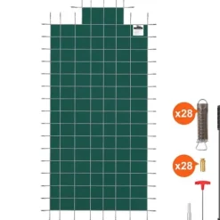 Poolsikkerhedsafdækning til rektangulære 16x32 fod bassiner, med drænhuller og trin. Perfekt til vinterbeskyttelse. Grøn og solid.
