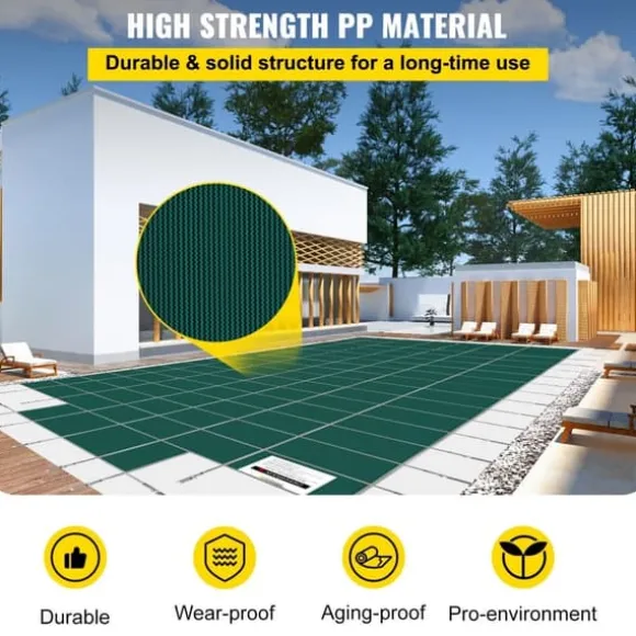 Poolsikkerhedsafdækning til rektangulære 16x32 fod bassiner, med drænhuller og trin. Perfekt til vinterbeskyttelse. Grøn og solid.