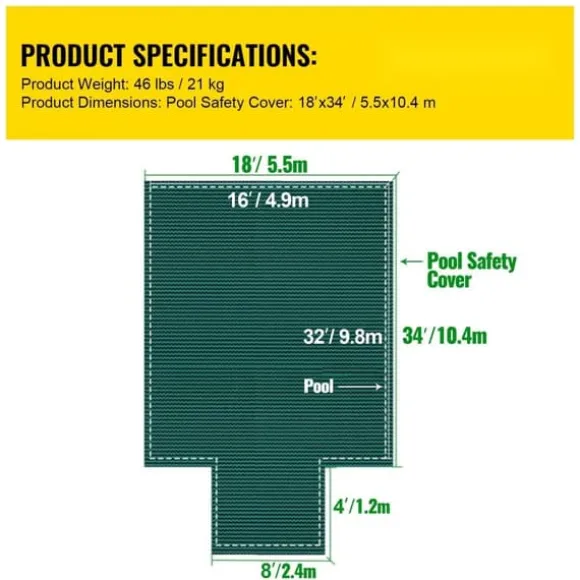 Poolsikkerhedsafdækning til rektangulære 16x32 fod bassiner, med drænhuller og trin. Perfekt til vinterbeskyttelse. Grøn og solid.