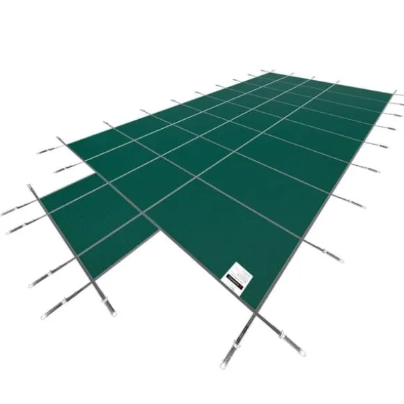 Poolsikkerhedsafdækning til rektangulære 16x32 fod bassiner, med drænhuller og trin. Perfekt til vinterbeskyttelse. Grøn og solid.