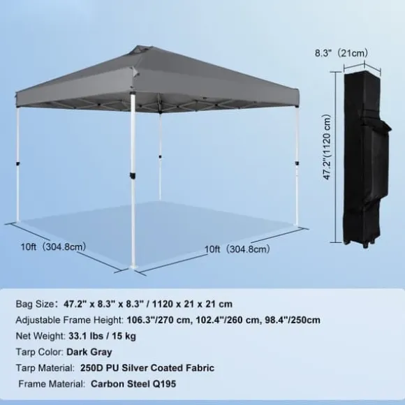 Pop-up baldakin festtelt 10x10 fod med bæretaske til camping - mørkegrå, ideelt til udendørs arrangementer!