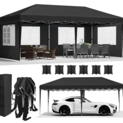 Pop-Up Pavillon 3m x 6m, Vandtæt med UV-beskyttelse, Nem Opsætning,sort