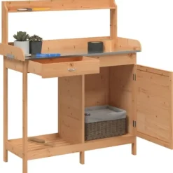 Pottebænk med skab i massivt grantræ | Størrelse: 110,5x45x124,5 cm | Farve: Brun