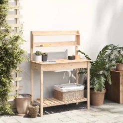 Pottebænk med vask i massivt grantræ - Plantebord | Størrelse: 147,5x44x139,5 cm | Farve: Naturlig