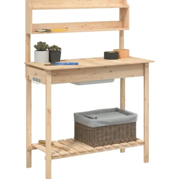 Pottebænk med vask i massivt grantræ - Plantebord | Størrelse: 147,5x44x139,5 cm | Farve: Naturlig