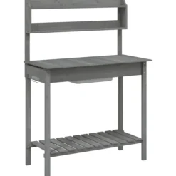 Pottebænk med vask og opbevaring - Plantebord i massivt grantræ | Farve: Grå | Størrelse: 147,5x44x139,5 cm
