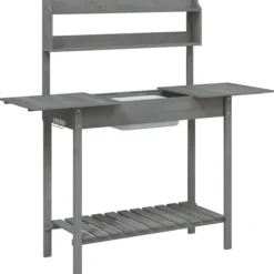 Pottebænk med vask og opbevaring - Plantebord i massivt grantræ | Farve: Grå | Størrelse: 147,5x44x139,5 cm