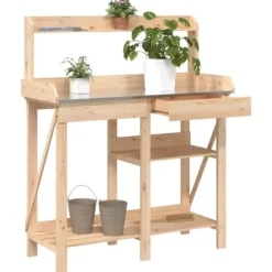 Pottebord i massivt fyrretræ med hylder - Robust og slidstærkt | Farve: Natur | Størrelse: 120x60x90 cm