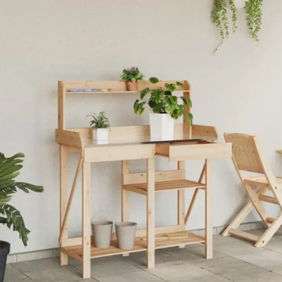 Pottebord i massivt fyrretræ med hylder - Robust og slidstærkt | Farve: Natur | Størrelse: 120x60x90 cm
