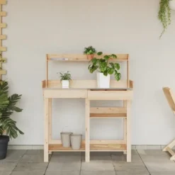Pottebord i massivt fyrretræ med hylder - Robust og slidstærkt | Farve: Natur | Størrelse: 120x60x90 cm