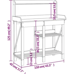 Pottebord i massivt fyrretræ med hylder - Robust og slidstærkt | Farve: Natur | Størrelse: 120x60x90 cm