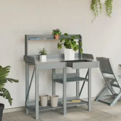 Pottebord med hylder i massivt fyrretræ - Plantebord | Farve: Grå
