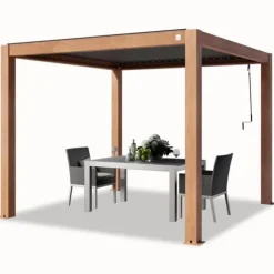 PRIMEYARD Pergola 3x3 m aluminiumsstolper i træ-look med lameltag lavet af aluminium