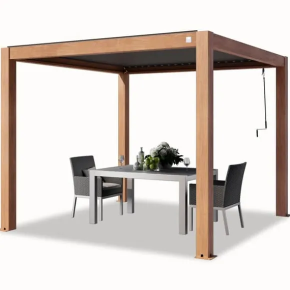 PRIMEYARD Pergola 3x3 m aluminiumsstolper i træ-look med lameltag lavet af aluminium