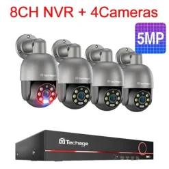 PTZ Sikkerhedskamerasystem, AI Menneskedetektion, To-vejs lyd,8CH NVR 4 stk. Kamera 5MP, Ingen