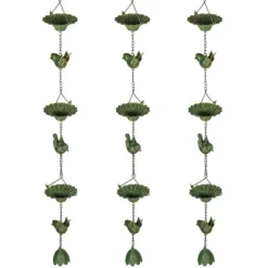 Regnkæde 3-pak, 123 cm, metal med fugle & klokke, med ophæng, grøn
