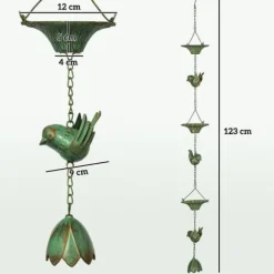 Regnkæde 3-pak, 123 cm, metal med fugle & klokke, med ophæng, grøn