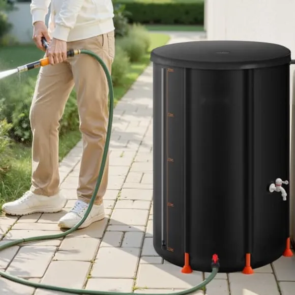 Regnvandstønde - Regnvandsopsamler - 380 L Kapacitet - Sammenklappelig - 1000D PVC - Med taphane og overløbssæt - Bærbar - Sort