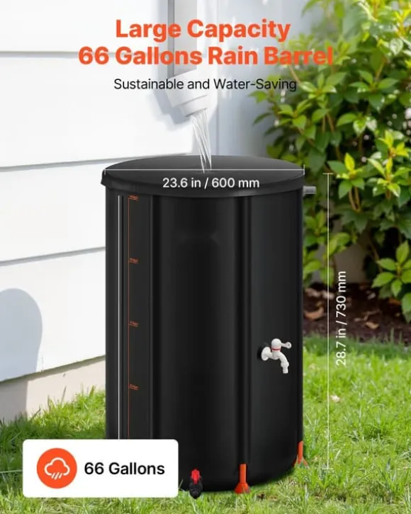 Regnvandstønde - Sammenklappelig Regnvandstank 250 L - 500D PVC - Med Tappehane og Overløbssæt - Bærbar - Sort