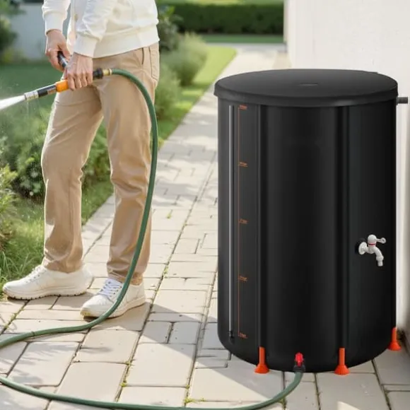 Regnvandstønde - Sammenklappelig Regnvandstank 250 L - 500D PVC - Med Tappehane og Overløbssæt - Bærbar - Sort
