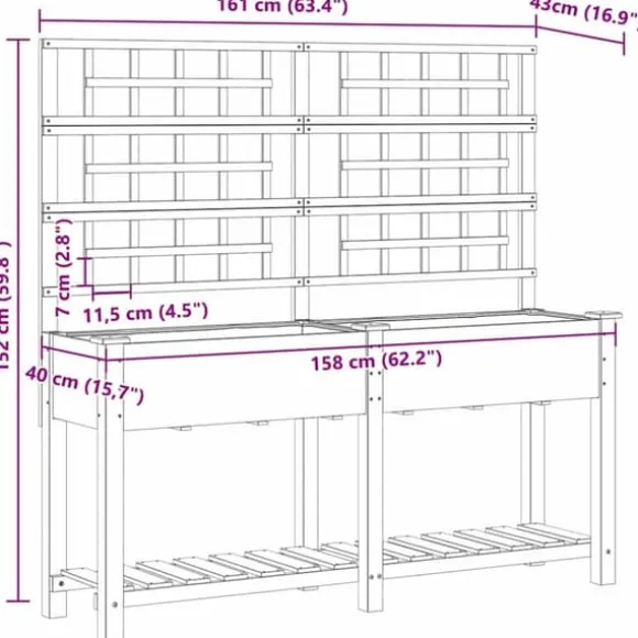 Rektangulær havekasse med espalier og hylde - Holdbart fyrretræ | Farve: Beige | Størrelse: 161x46x152.5 cm