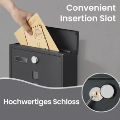Rootz Black Mailbox - Postbox - Secure Letter Box - Visningsvindue og navneskilt - pulverlakeret stål - 30,5 cm x 9,5 cm x 33,3 cm