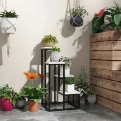 Rootz blomsterhylde - 4 etagers plantehylde - blomsterstativ - indendørs og udendørs - metalramme - grantræ - sort + hvid - 34L x 34W x 70H cm