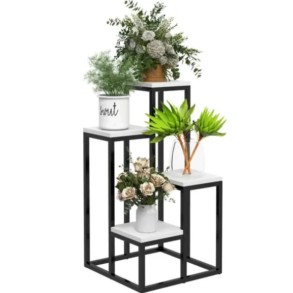 Rootz blomsterhylde - 4 etagers plantehylde - blomsterstativ - indendørs og udendørs - metalramme - grantræ - sort + hvid - 34L x 34W x 70H cm