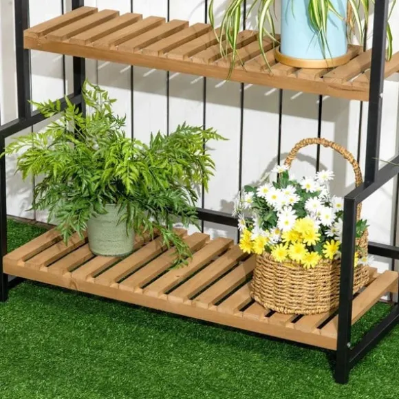 Rootz blomsterstativ - 3-etagers plantestativ med fastgørelseskroge - plantestativ i naturtræ - naturlig - 80 cm x 36 cm x 174 cm