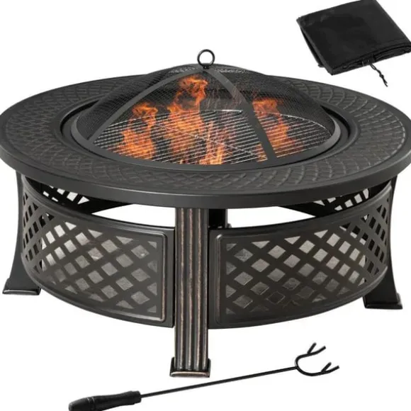 Rootz Fire Pit - Ildskål - Ildkurv - Ildbord - Rundt ildsted - Til havecamping - BBQ - Med Poker Spark Protection - Stål - Sort - 81 x 81 x 50 cm