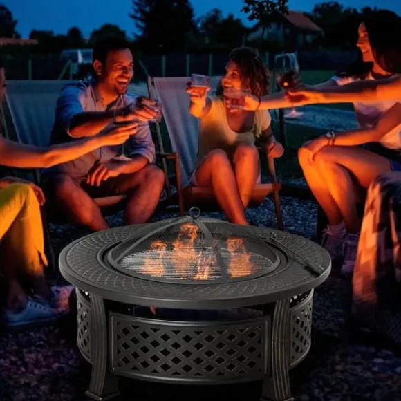 Rootz Fire Pit - Ildskål - Ildkurv - Ildbord - Rundt ildsted - Til havecamping - BBQ - Med Poker Spark Protection - Stål - Sort - 81 x 81 x 50 cm