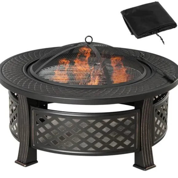 Rootz Fire Pit - Ildskål - Ildkurv - Ildbord - Rundt ildsted - Til havecamping - BBQ - Med Poker Spark Protection - Stål - Sort - 81 x 81 x 50 cm