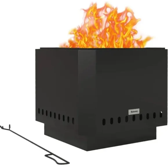 Rootz Fire Pit - Inklusiv poker - Ildtønde - Robust konstruktion - Metal og rustfrit stål - Sort - 48L x 48W x 41H cm