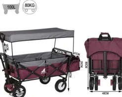 Rootz foldbar håndvogn med tag - Brugsvogn - Havevogn - Holdbar 600D polyester - Nem opbevaring - Kraftig 80 kg Kapacitet - 120 cm x 51 cm x 93 cm